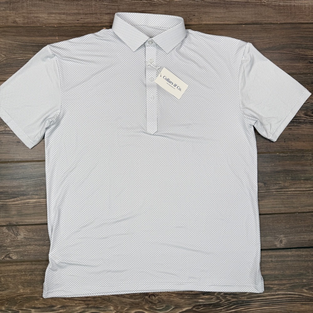 Collars & Co Men XL Polo Shirt White Gray Pulse Geometric Firm Dress Collar NEW - Picture 4 of 10